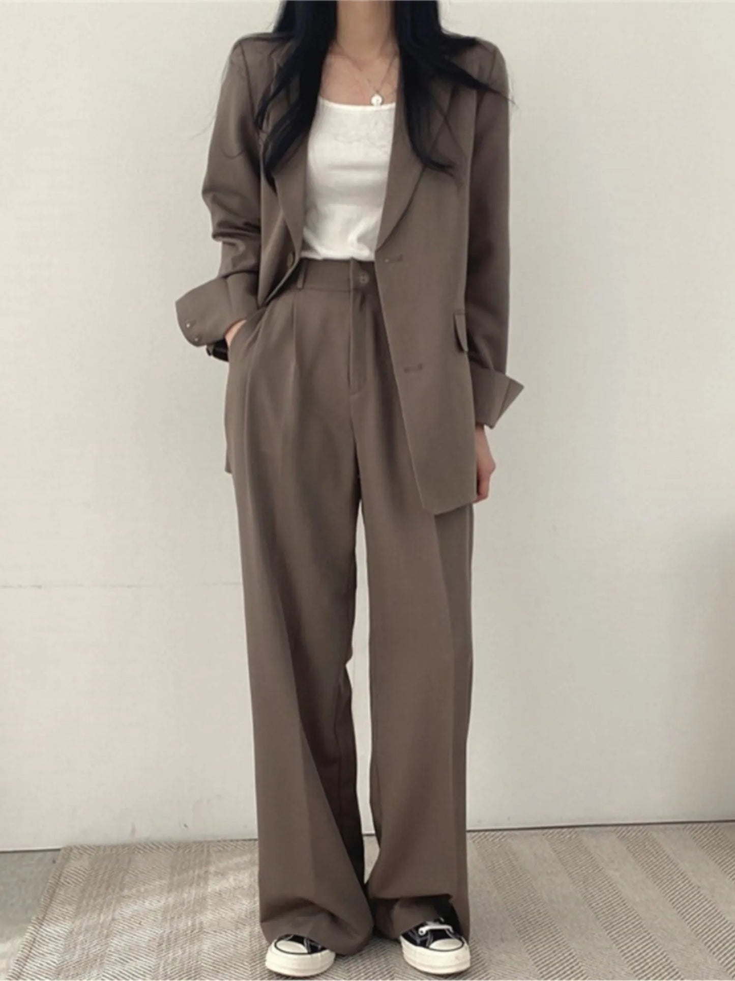Korean Office Lady Fashion Blazer Suit Women's Two-Piece Set Casual Button Jacket Wide Leg Pants Outfits Work Clothes Autumn New
