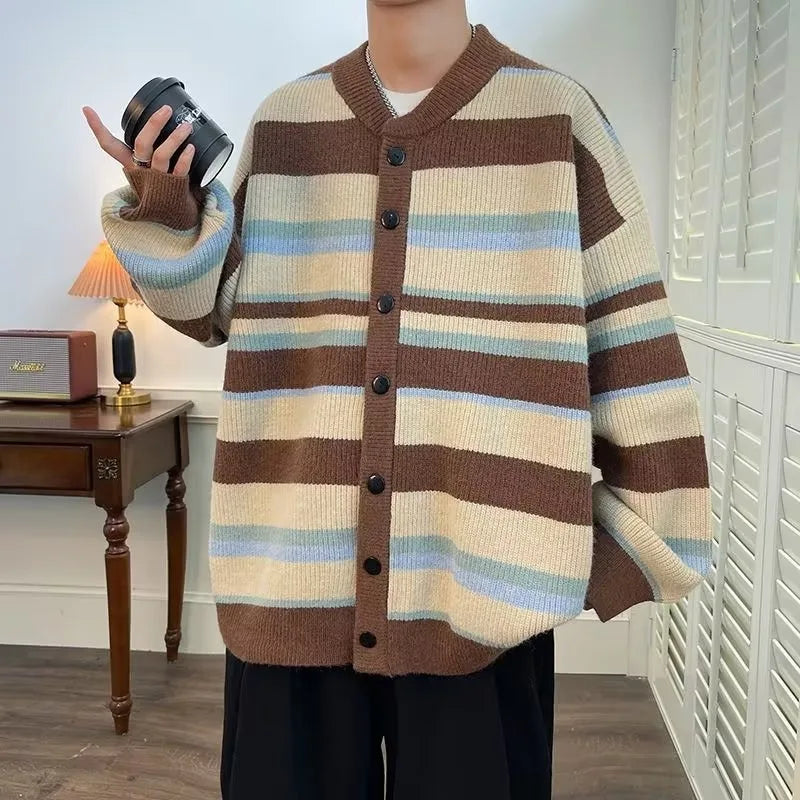 maoxiangshop Vintage Cardigan Men Autumn Striped Harajuku Baggy Streetwear Cozy Contrast Color Daily Japanese Style Versatile Couple Tender
