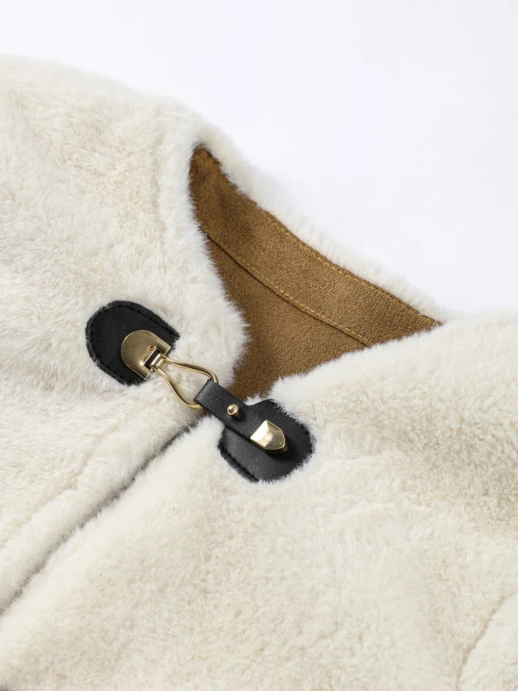 maoxiangshop - 2024 Winter Lambs Wool Jacket Coat Loose O-neck Leather Knot Buckle Long Sleeve Plush Jackets Autumn Fashion Lady Solid Outwear