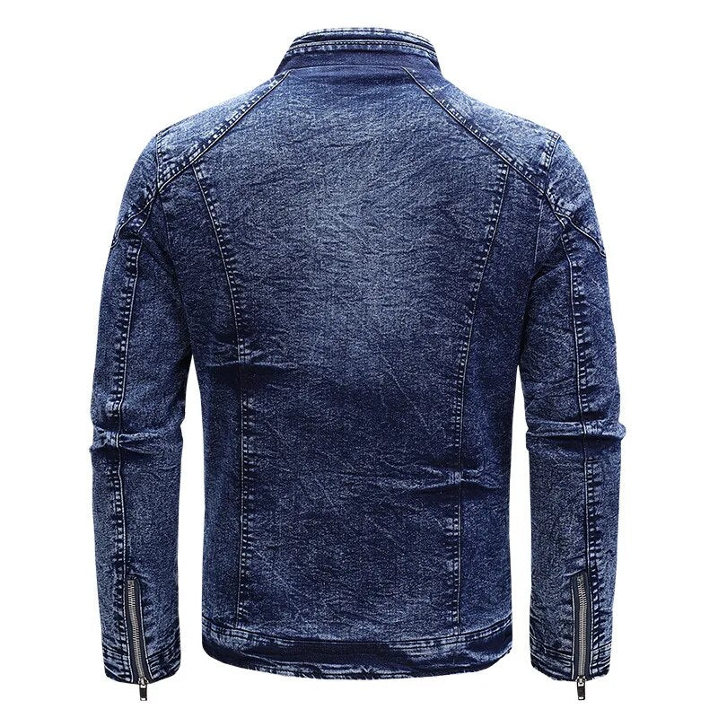maoxiangshop New Motorcycle Denim Jacket Men Retro Zippers Stand Collar Denim Coats Mens Cotton Slim Fit Denim Jacket Moto Biker Outerwear