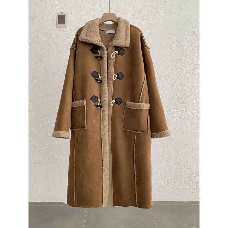 maoxiangshop - Korean Winter Fashion Suede Lamb Wool Splice Coat Fashion American Retro Coat High-End Long Single-Breasted Thicken Warm Coat
