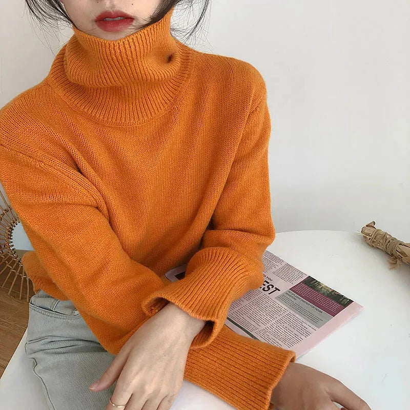 maoxiangshop Autumn Warm Turtle Neck Sweater Women Fashion Korean Solid Knitted Basic Pullovers Loose O Neck Long Sleeve Female Jumper