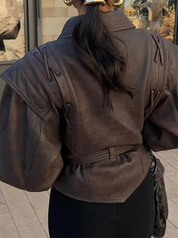 maoxiangshop - Fashion Leather Woman Short Jacket With Belt Turn Down Collar Long Sleeve Motorcycle Coat Ladies Winter Warm Street Outerwear