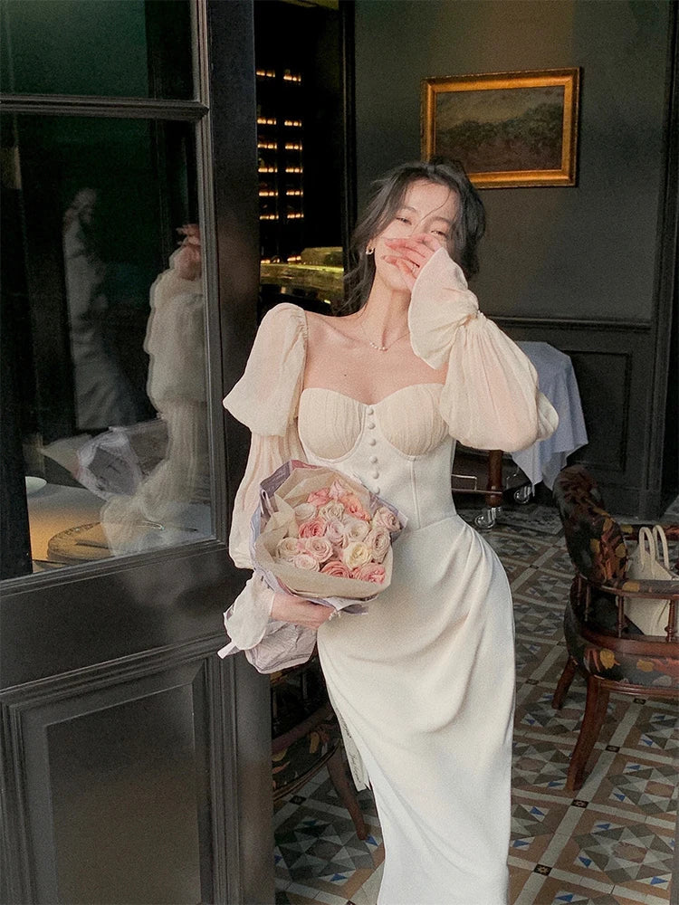 Vintage Women Fashion Elegant Puff Sleeve Midi Corset Maxi Dresses Evening Prom Female Party Lady Clothes Vestdios Summer