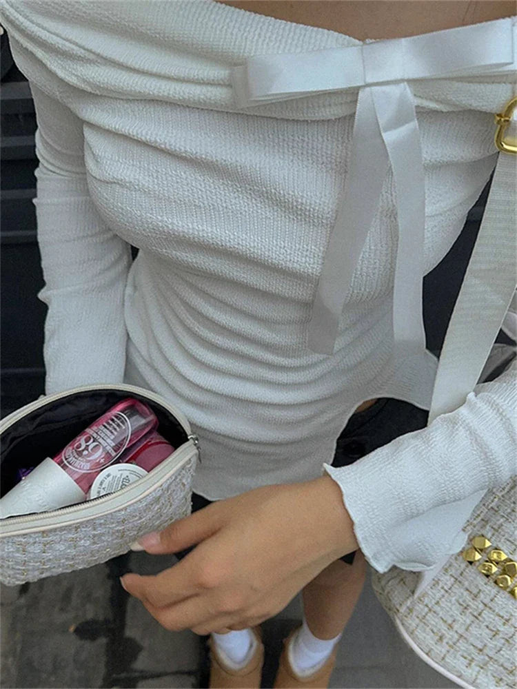 maoxiangshop - Off Shoulder Bows Tie Slit Top Women Flared Long Sleeved Solid Slim Versatile T-shirt Spicy Girl Autumn/Winter Streetwear