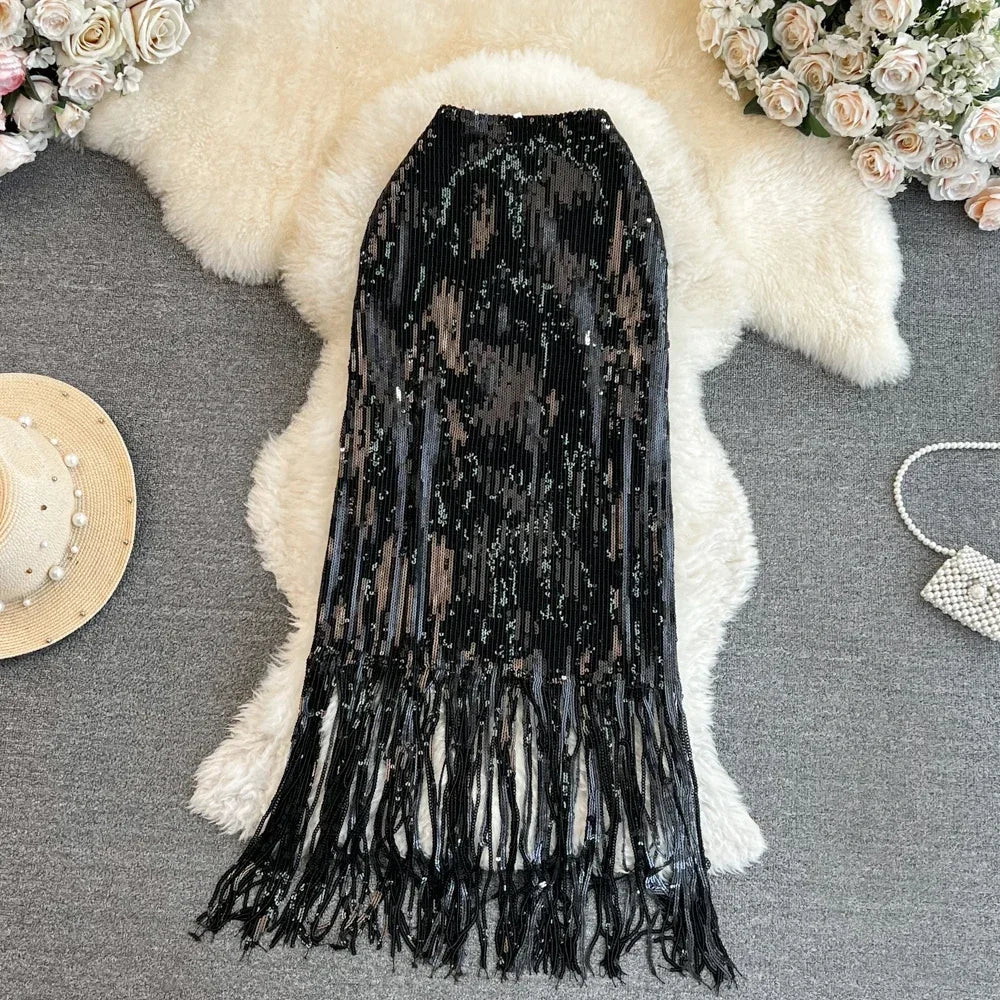 maoxiangshop Sequin Shining Long Skirts Women Tassel High Waist Sexy Female Trumpet Skirt Ladies Party Club Streetwear Maxi Skirt
