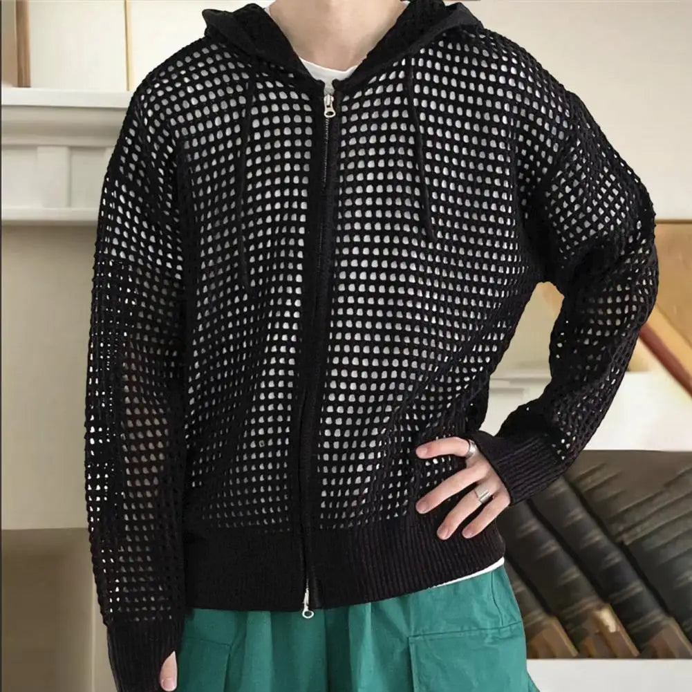 maoxiangshop Hollow Design Men Jacket Hooded Hip Hop Cardigan Stylish Men's Winter Jacket with Hollow Out Design Zipper Closure Men Hooded