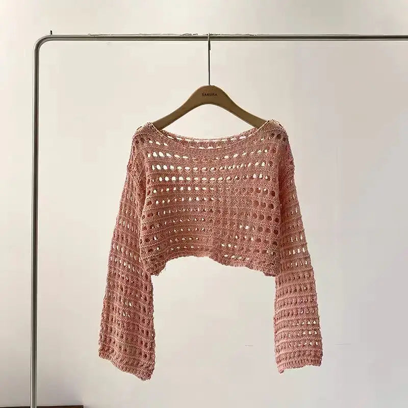 maoxiangshop Long Sleeve Crochet Knit Top Summer Beach Bikini Cover Up Crop Pullover Wool Knitwear Blouse Women Vacation Boho Outfit