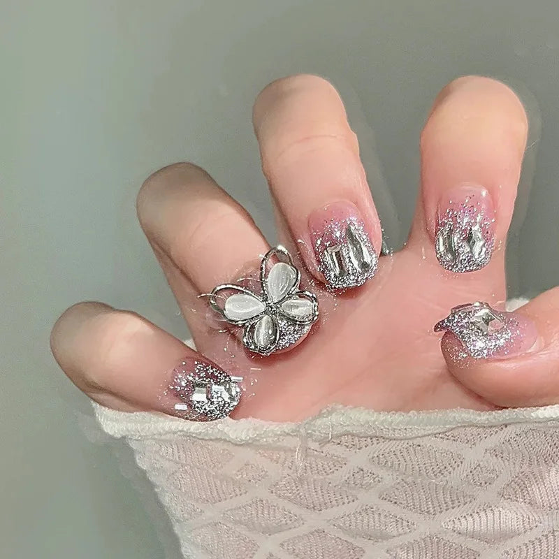 maoxiangshop 24pcs Wearable Pink Press On Fake Nails Tips With Glue false nails design Butterfly Lovely Girl false nails With Wearing Tools