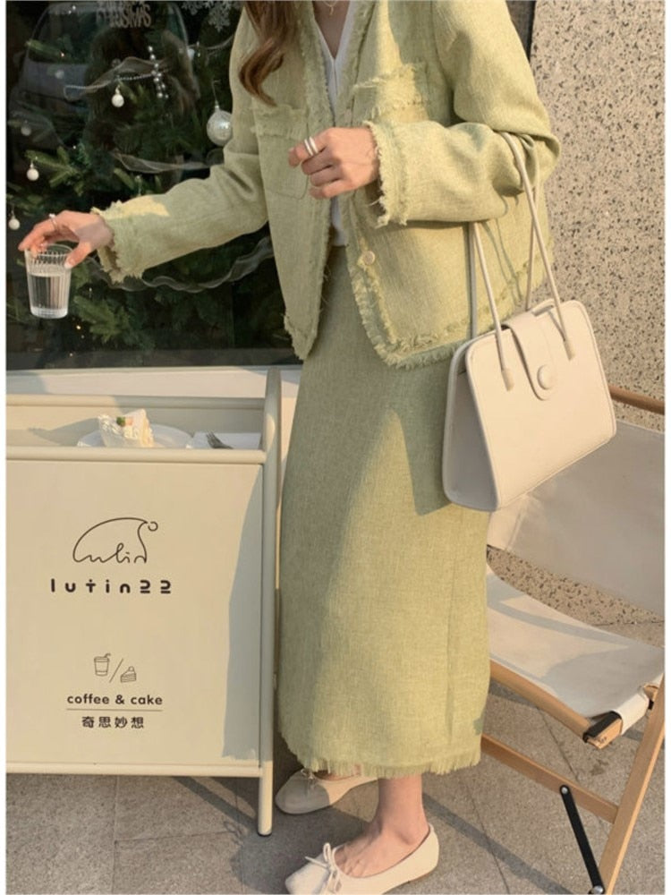 maoxiangshop Spring Green Tweed Two Piece Set Women Skirt Korean Fashion Long Sleeve Jacket + Midi Skirt Suits Vintage Femme 2 Pieces Outfits