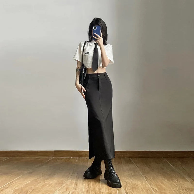 maoxiangshop Goth Dark Elegant Mall Gothic Trumpet Women Midi Skirts Grunge High Waist Split Sexy Club Long Skirt Slim Party Streetwear