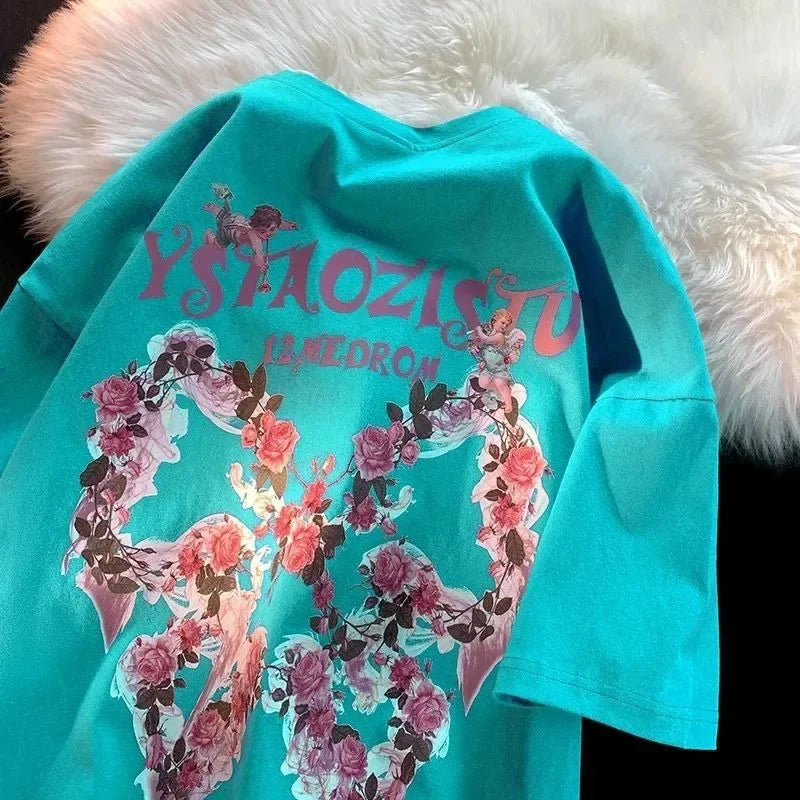maoxiangshopAmerican Style Retro Loose Rose Butterfly Angel Printing Short Sleeve T-shirt for Men and Women Lovers Summer Loose Casual Top