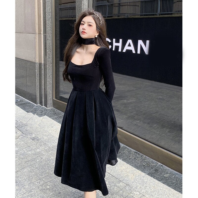 maoxiangshop Velvet Elegant Evening Party Midi Dresses Ladies Black France Vintage Dress Women New Winter Korean One-piece Dress Autumn