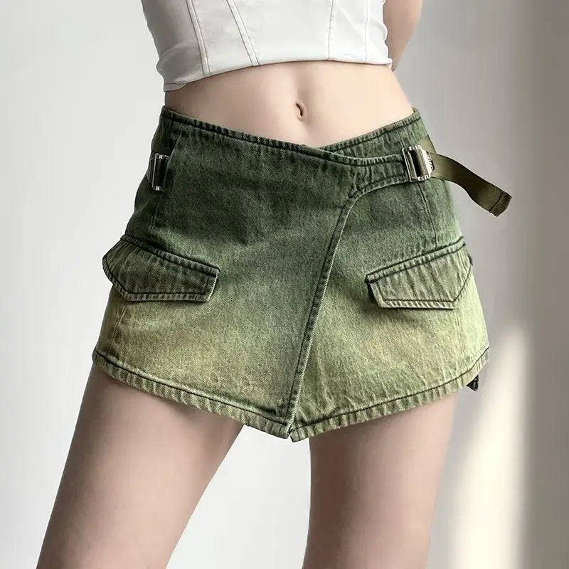 maoxiangshop - Y2k Punk Mini Skirts Women Green Vintage Denim Low Waist Hotsweet Streetwear Chic Safari Style Irregular Harajuku Gothic Summer