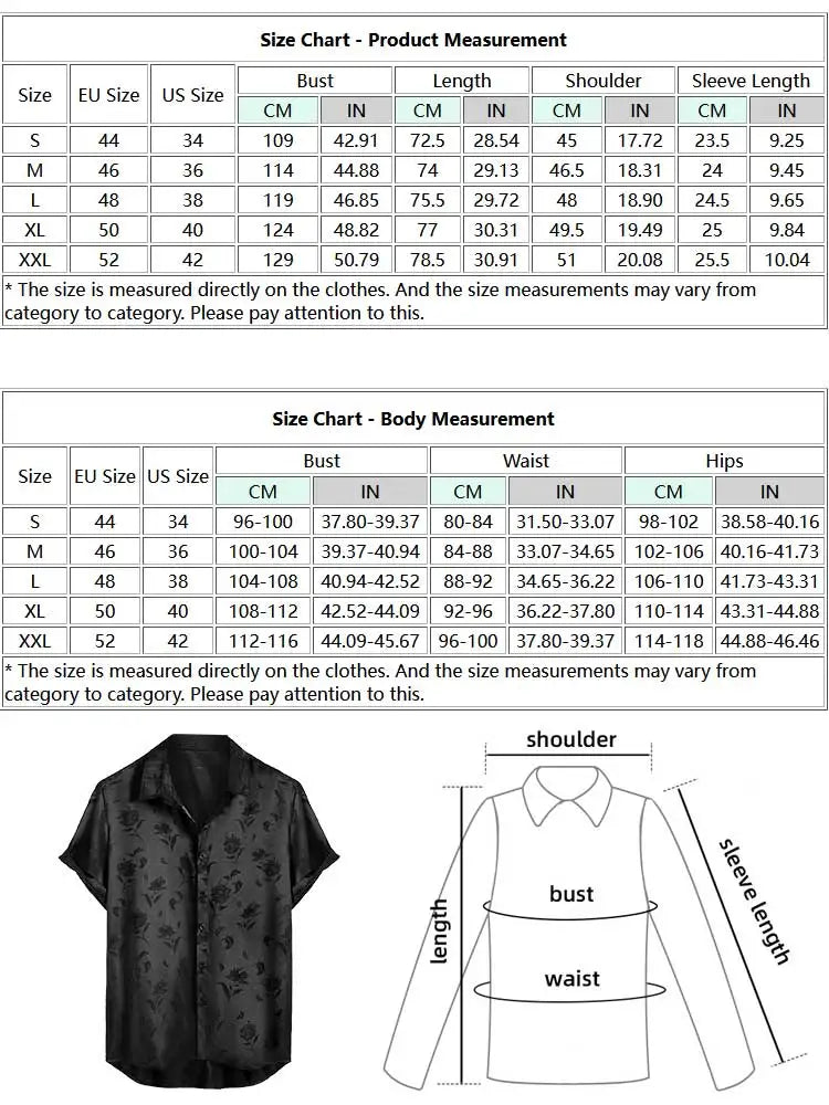 maoxiangshop Satin Shirts for Men Jacquard Rose Printed Silky Short Sleeve Shirt Summer Streetwear Button Blouse Tops
