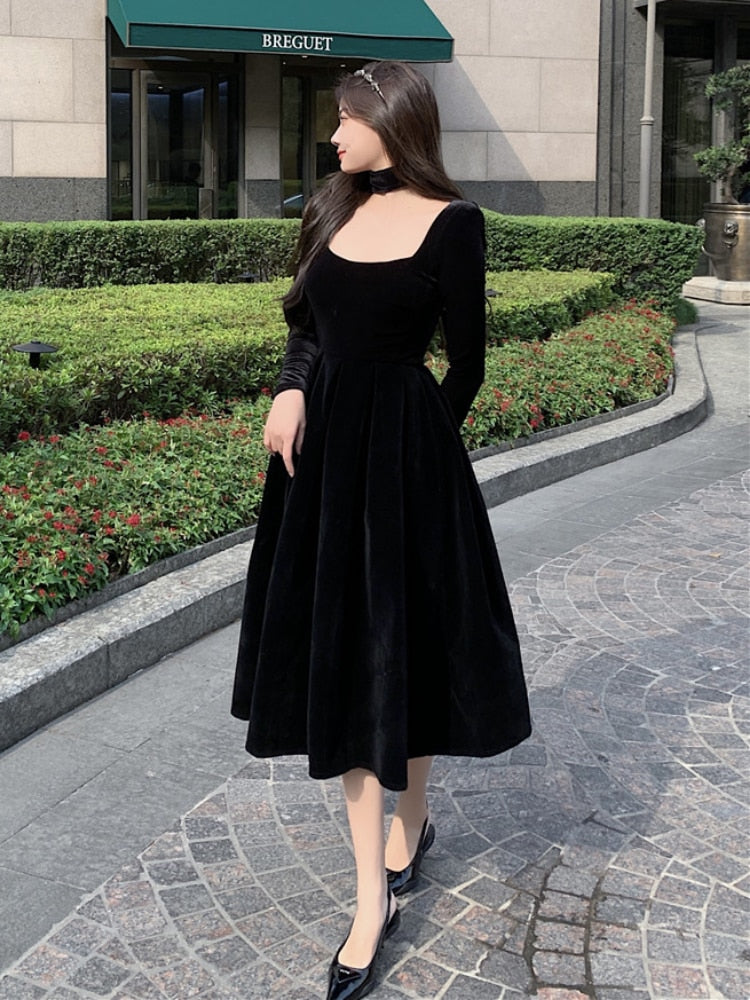 maoxiangshop Velvet Elegant Evening Party Midi Dresses Ladies Black France Vintage Dress Women New Winter Korean One-piece Dress Autumn