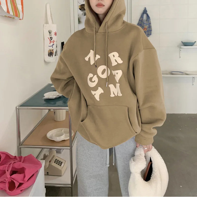 maoxiangshop Korean Autumn Winter Letter Print Hoodie Women Casual Long Sleeve Pullover Tops Hood Shirt Harajuku Oversize Sweatshirt Y2k 후드티