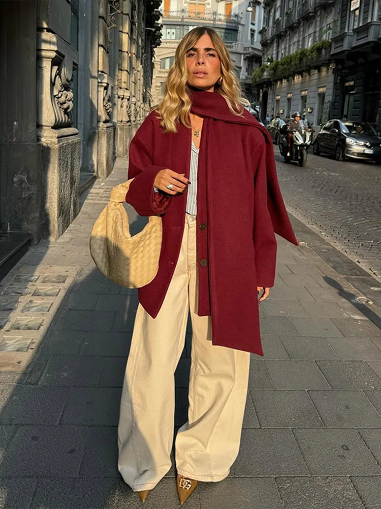 maoxiangshop - Elegant Woolen Coats With Scarf Collar Women Casual Loose Single Breasted Jackets Female Autumn Chic High Street Outwear Tops 