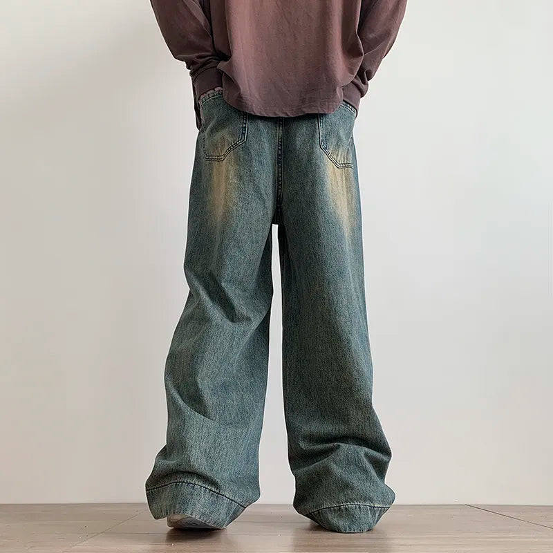 maoxiangshop Distressed Vintage Blue Jeans Pants Men Wide-leg Denim Trousers Male Oversize Streetwear Fashion Casual Baggy Straight Jeans