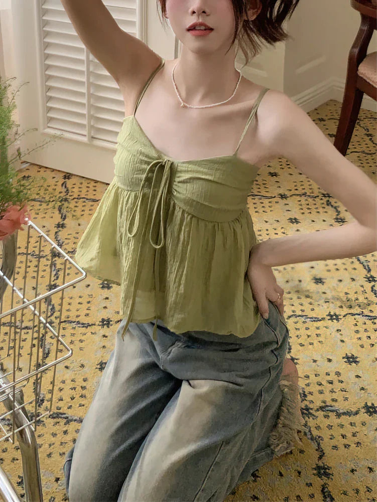 maoxiangshop-Korean Sweet Cami Top Bowknot Lace-Up Sleeveless T-Shirt Elegant Youth Clothes Women Fashion Off Shoulder