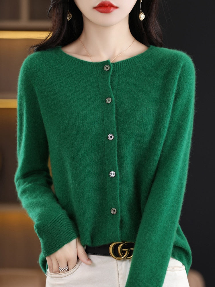 maoxiangshop Aliselect Long Sleeve Women Knitwear Cashmere Knit 100% Pure Merino Wool Spring Autume O-Neck Top Cardigan Sweater Clthing Coat