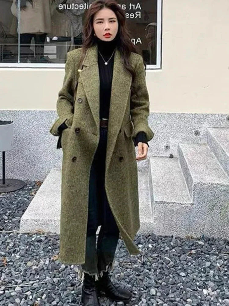 maoxiangshop - 2024 Autumn Winter Fashion Woolen Coat Women's Clothing Solid Color Lapel Double Breasted Loose Long Overcoat Lady Jacket