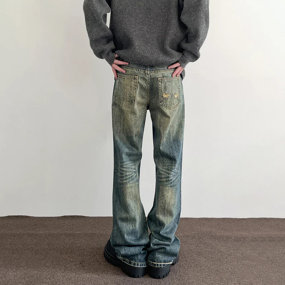 maoxiangshop Jeans Men Streetwear Y2k Vintage Blue Distressed Casual Fashion Street Trousers Straight-leg Autumn Winter Flared Denim Pants