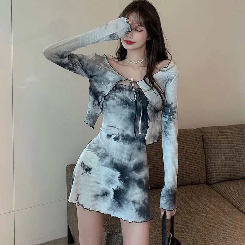 maoxiangshop-2pcs Set Autumn Tie-dye Design Sense Tube Top Dress Women Fashion Cardigan Top Two-piece Suit