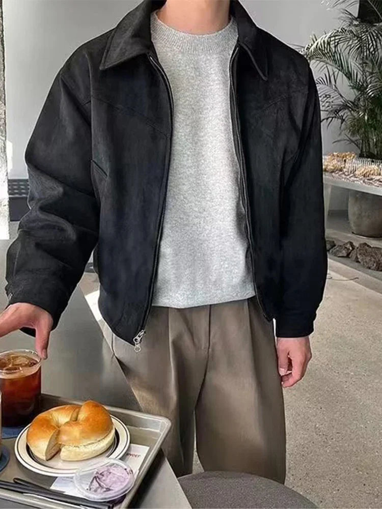 maoxiangshop Elegant Solid Brown Coat Men Spring Autumn High-End Loose Lapel New Zipper Short Jacket Vintage Streetwear Bomber Jacket