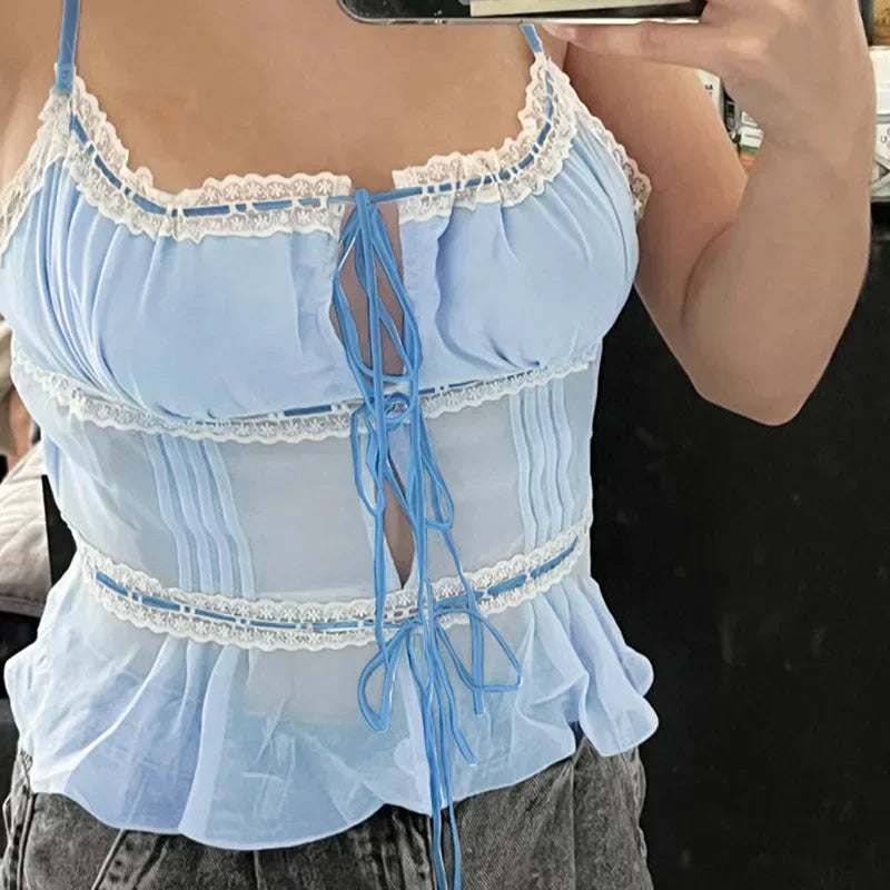 maoxiangshop - 2024 Instagram New Cute Summer Semi Transparent Chiffon Vest and y2k Slim Fit Spicy Girl Lace Top with Ties