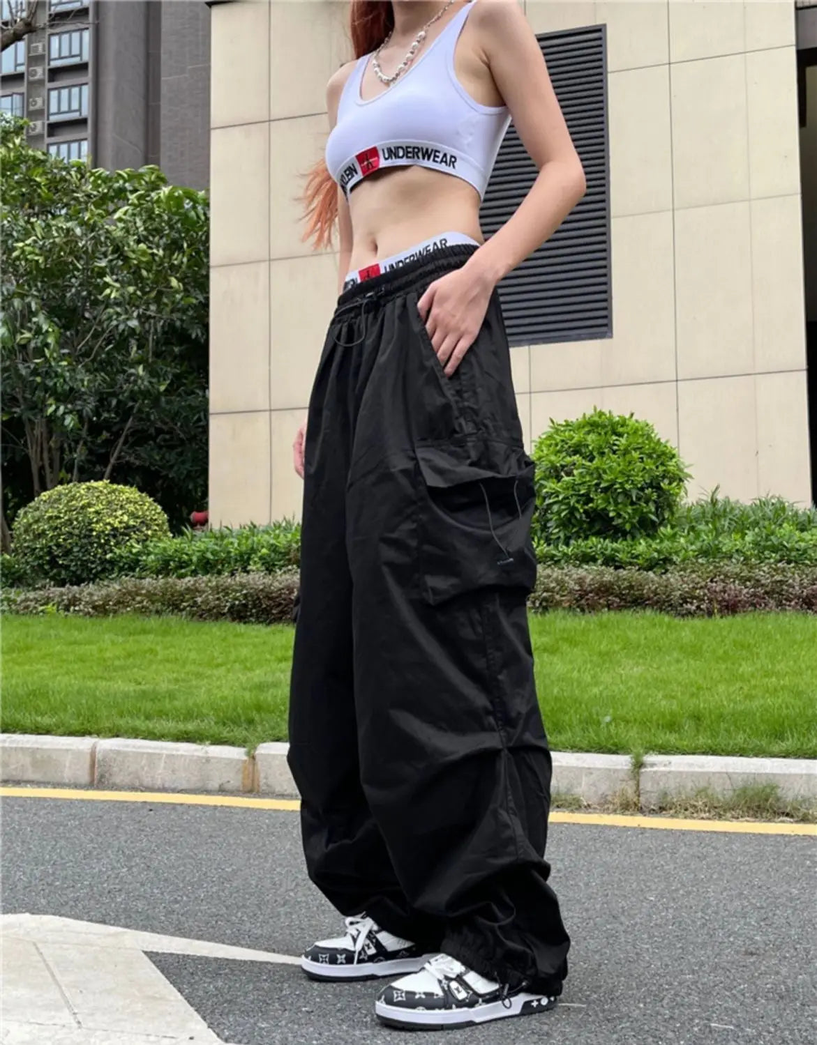 maoxiangshopY2K Parachute Black Pants Women Hippie Streetwear Oversize Pockets Cargo Trousers Harajuku Wide Leg Baggy Sweatpants