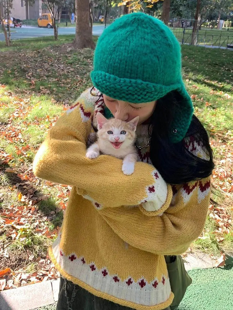 maoxiangshop - Fashion Design Sense Retro Christmas Jacquard Crew-neck Pullover Female Student Autumn and Winter Color Matching Thick Knit Top