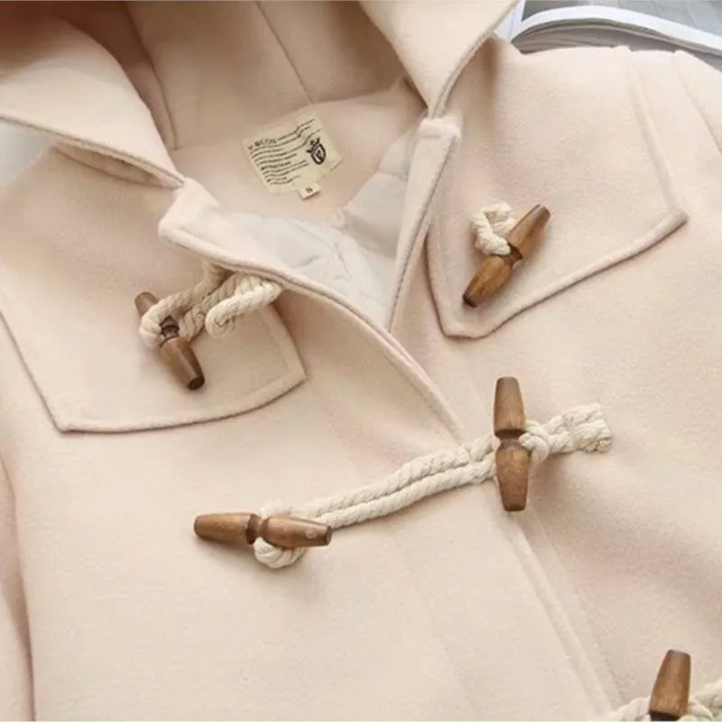 maoxiangshop Double Row Horn Buckle Coat Hooded Women Autumn Clothing Winter Casual Solid Thicken Button Jacket College Style