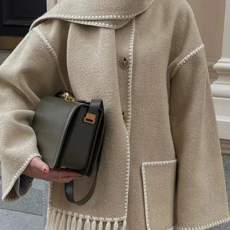 maoxiangshop - Fashion Loose Women Coat With Scarf Long Sleeve Pocket Single Breasted Female Coat 2024 Autumn Winter Fashion Lady Street Jacket