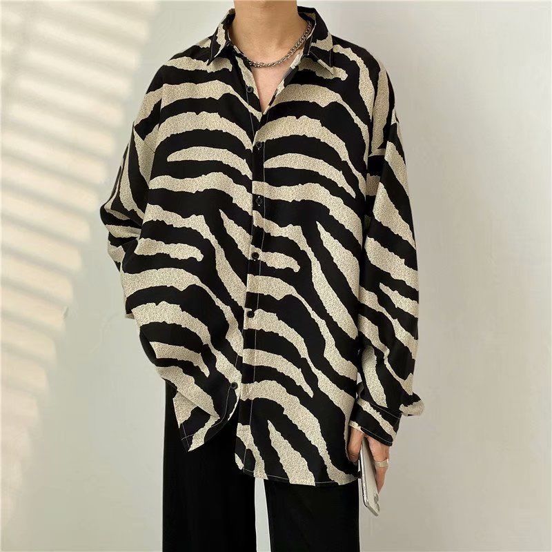 maoxiangshop Men's Clothing Turn-down Collar Handsome Long Sleeve Button Spring Summer Thin Man Printing Loose Streetwear Casual Korean