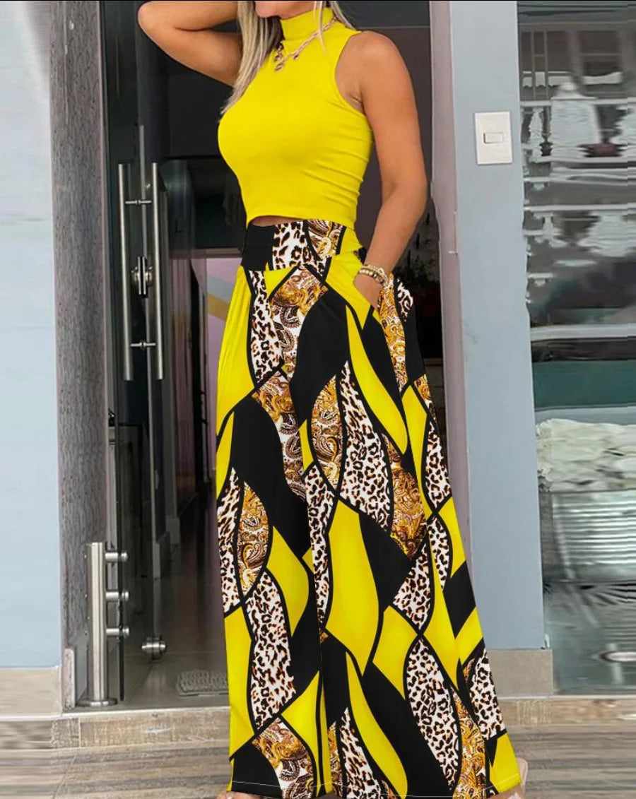 maoxiangshop Sexy Off Shoulder Sleeveless Blouse Pants Set Office Lady Spring Summer Print Tops Trousers Two Piece Set Women Outfit