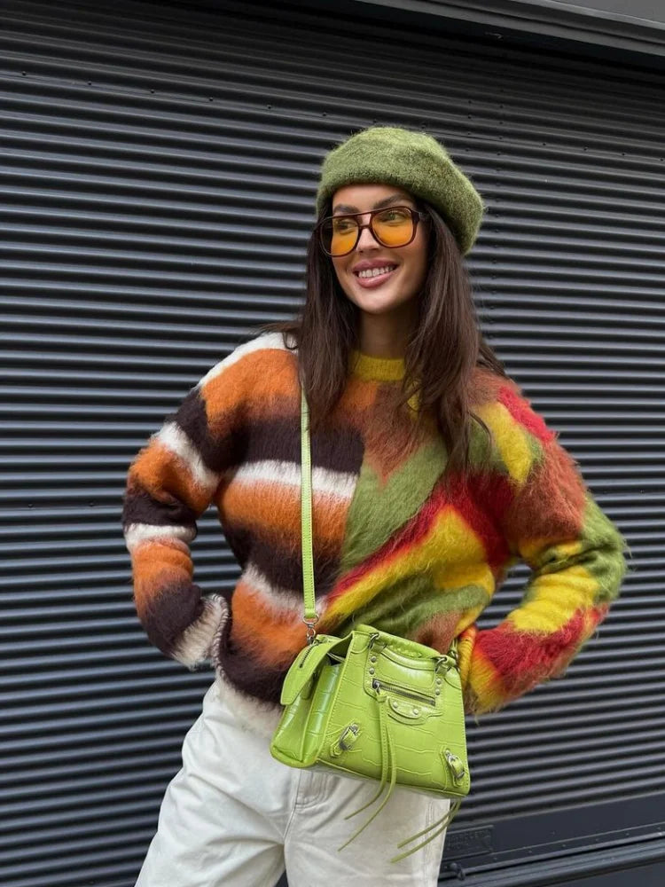 maoxiangshop - Mohair Rainbow Color Knitted Sweater Women Striped Chic Loose O-neck Warm Pullover 2024 Autumn Long Sleeve Street Jumper Tops