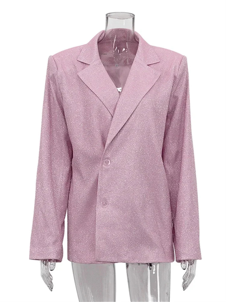Sliver Sparkly OVersized Blazer Sets For Women Suit Ladies Casual Glitter Coat And Pants Sets Blazer Femme Mujer Party