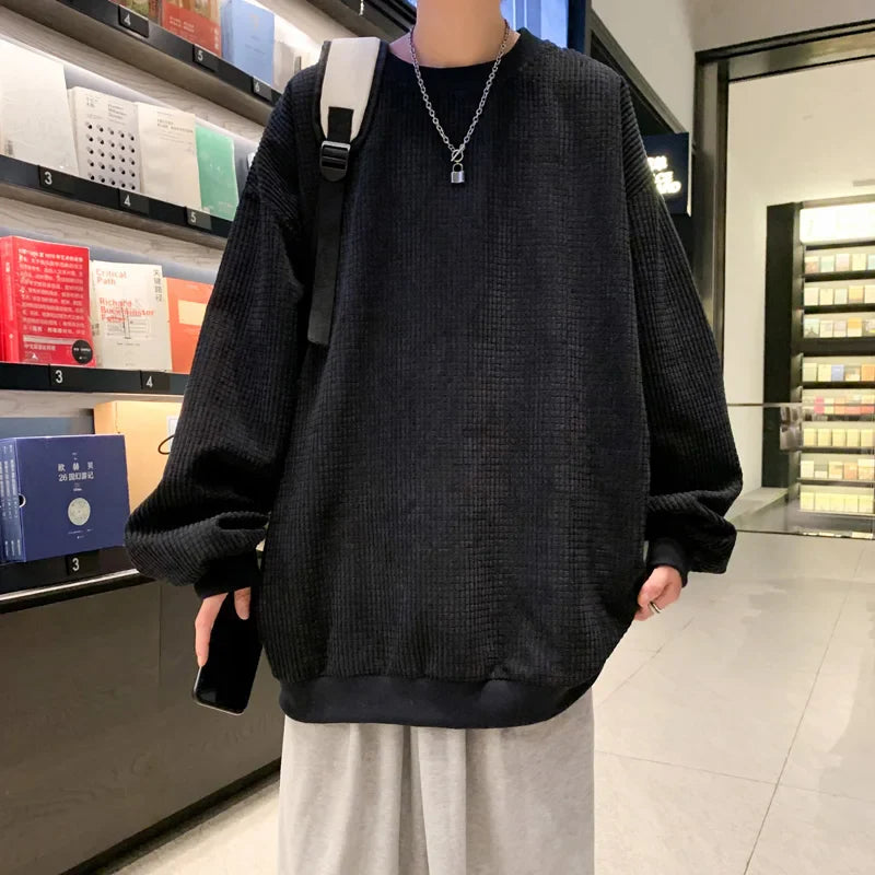 maoxiangshop Waffle Plaid Hoodies Side Zipper Sweatshirts Men Streetwear Solid Color Loose Casual Pullover Hoodies Men Autumn New