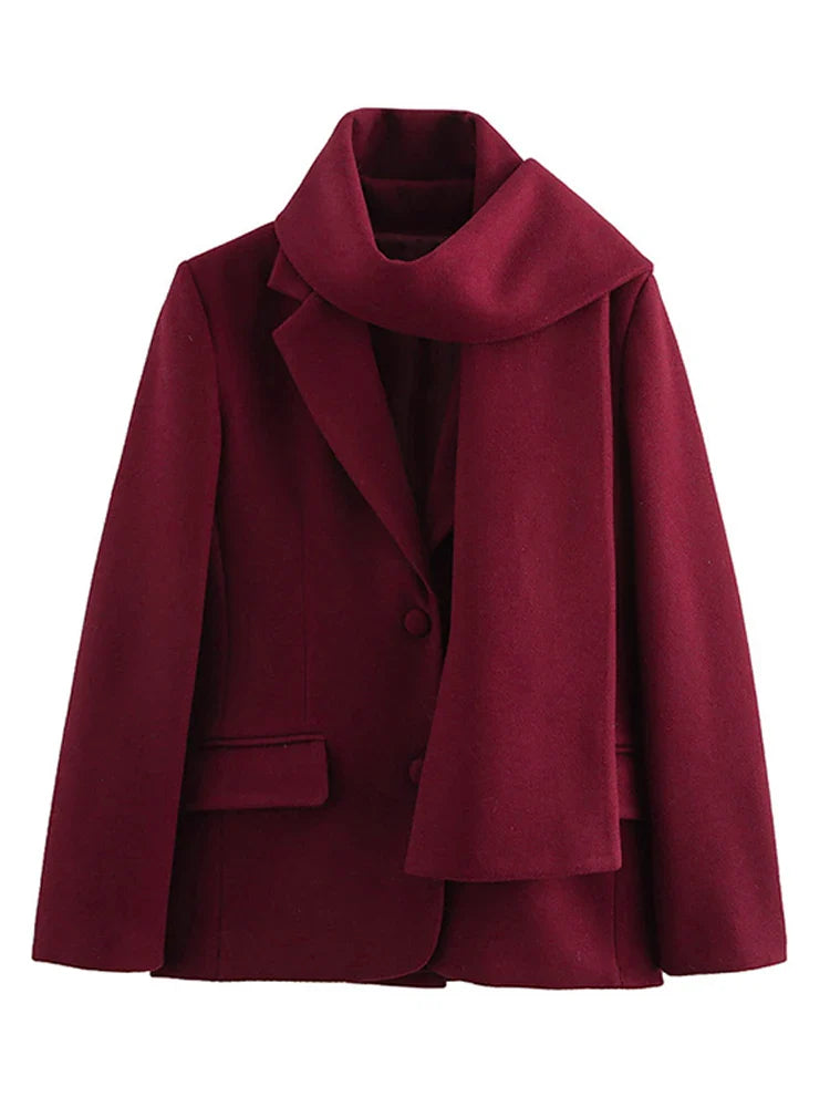 maoxiangshop - cold weather outfuts Wine Red Woolen Coat Women Fashion Lapel With Scarf Long Sleeve Female Coats 2024 Winter Single-breasted Loose Lady Outwear