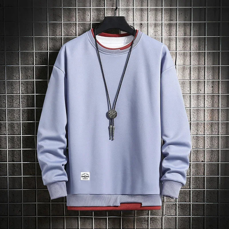 maoxiangshop Mens Casual Sweatshirts Fashion Fake Two Pieces O Neck Hoodies Men Harajuku Streetwear Tops Spring Autumn Solid Male Sweatshirt