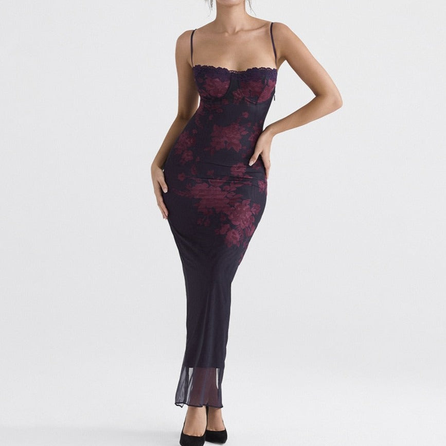 maoxiangshop Floral Print Maxi Prom Dress Sexy Mesh Celebrity Evening Party Dresses Bodycon Spaghetti Strap Summer Women Dresses