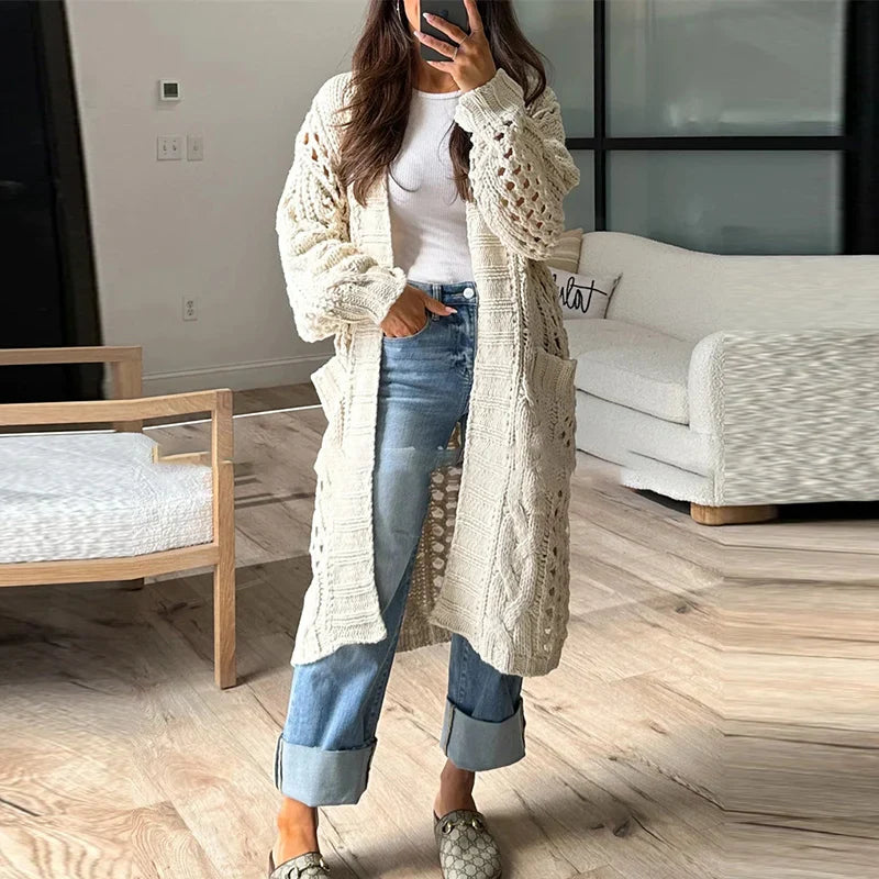 maoxiangshop - 2024 Casual Solid Color Pocket Coat Ladies Elegant V Neck Hollow Knitted Cardigan Autumn Winter Thick Warm Loose Sweater Outwear