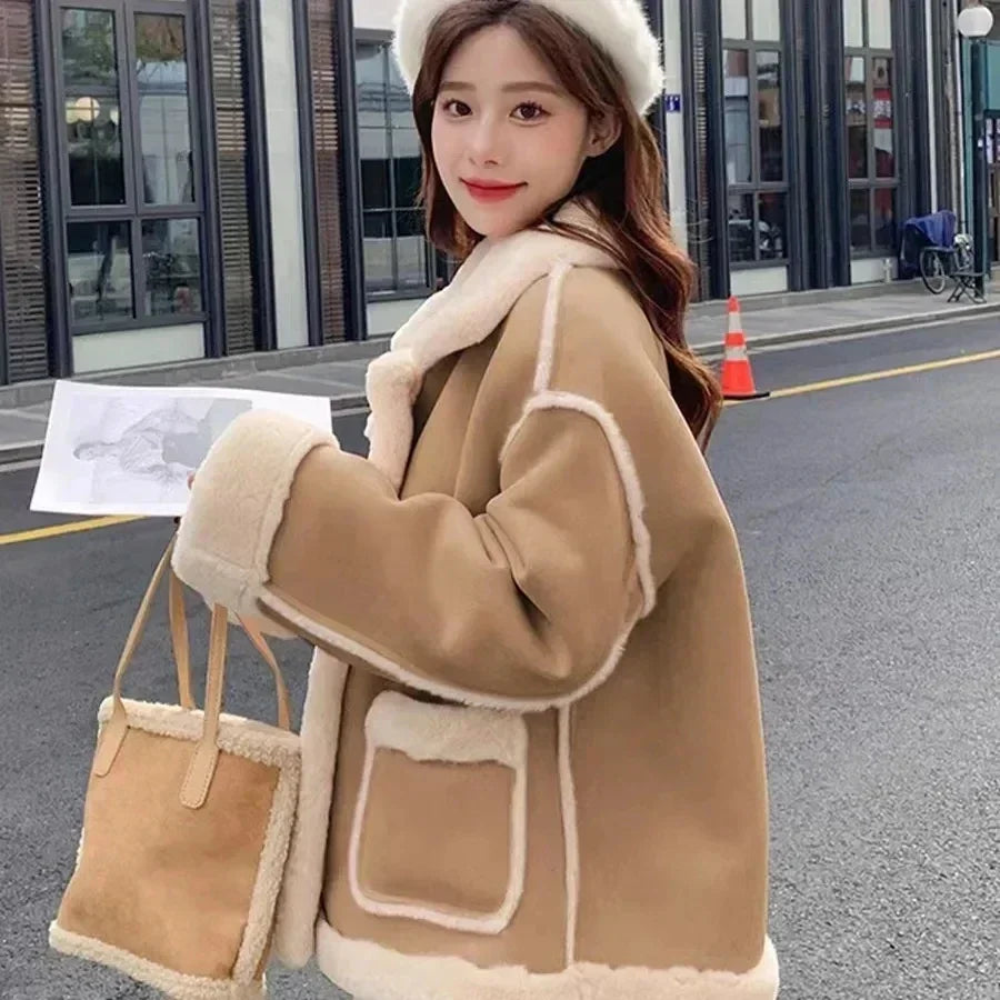 new Korean fashion Maillard fat MM purple Kawaii lamb suede plus velvet coat women's Y2K Harajuku loose casual warm coat