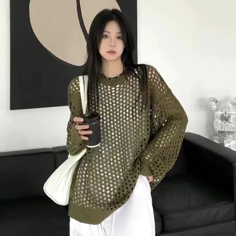 maoxiangshop Hollow Out Knit T-shirt Women Y2K Casual Loose Fishing Net Long Sleeve Female Top Summer Street White Lady Pullovers Tops