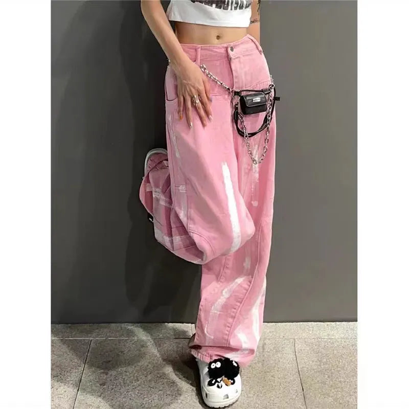 Pink High Waist Jeans Loose Straight Baggy Wide Leg Pants Female Aesthetic Y2k Korean Fashion Tie Dye Denim Trousers Women