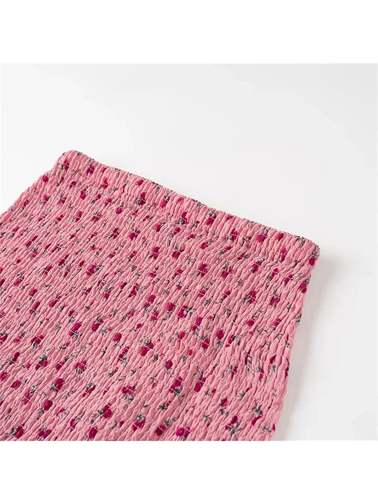 maoxiangshop - Girl's Cute Flower Print High Waist Pleated Mini Skirts Women 2024 Summer New Fashion Elastic Short Skirt
