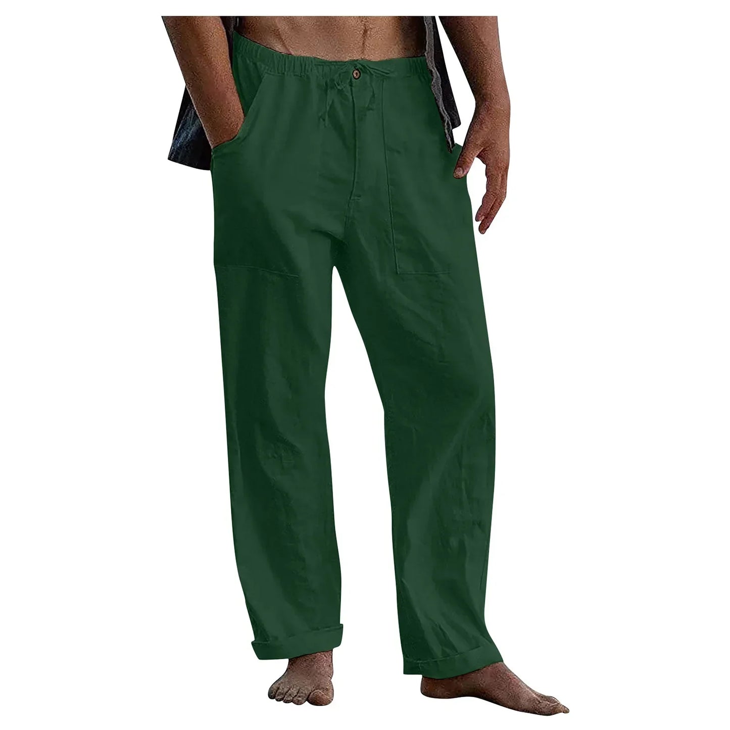 maoxiangshop New Men's Cotton Linen Pants Summer Solid Color Breathable Linen Trousers Summer elastic waist drawstring loose pants