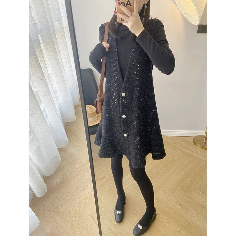 Vintage Tweed Mini Dress Women Elegant Ruffles V Neck One Pieces Dresses Winter Black Sundress Korean Sleeveless Vestidos