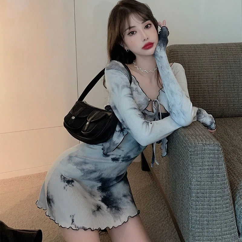 maoxiangshop-2pcs Set Autumn Tie-dye Design Sense Tube Top Dress Women Fashion Cardigan Top Two-piece Suit